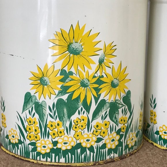 Vintage Tin Canister Set Yellow Flowers Kitchen - Picture 8 of 13